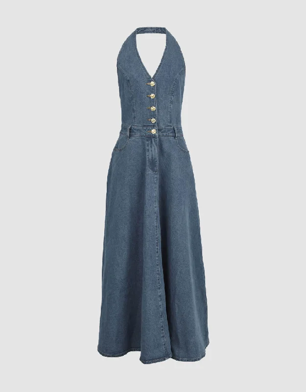 Halter Neck Sleeveless V-Neck Denim Dress