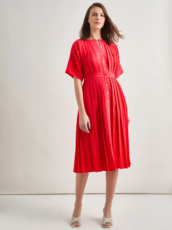 Midi Fit & Flare Dress - Hand Pleated Woven