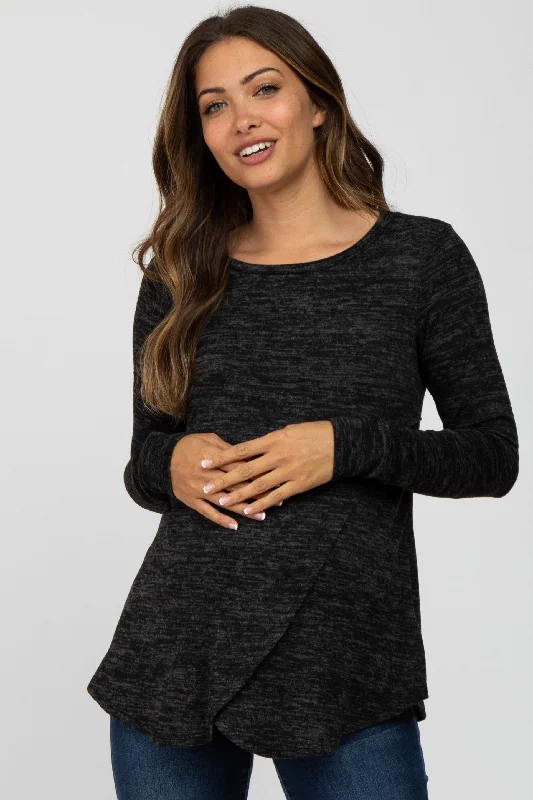 Black Heather Knit Layered Front Maternity/Nursing Top