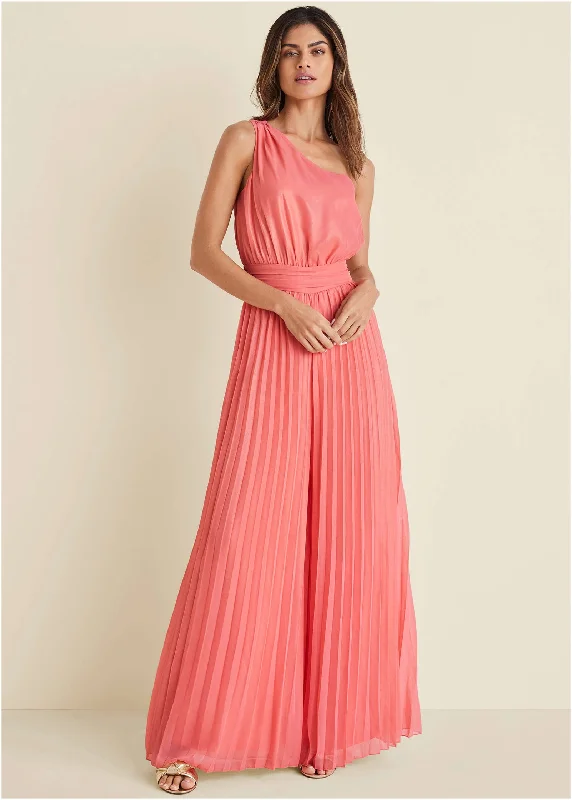 Gold Foil Pleated Jumpsuit - Coral