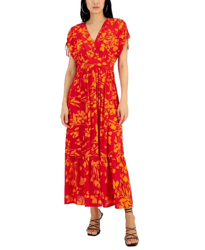 Women's Floral-Printed V-Neck Drop-Shoulder Maxi Dress