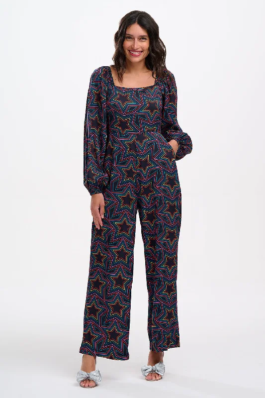 Hestia Shirred Jumpsuit - Black, Rainbow Star Explosion