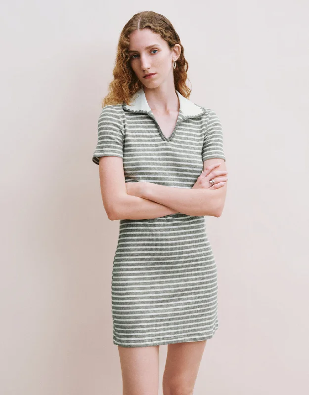 Striped Lapel A-Line Dress