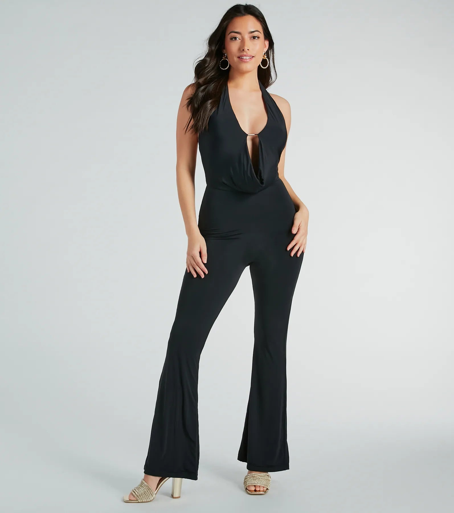 Looking Sleek Halter Plunging Knit Jumpsuit